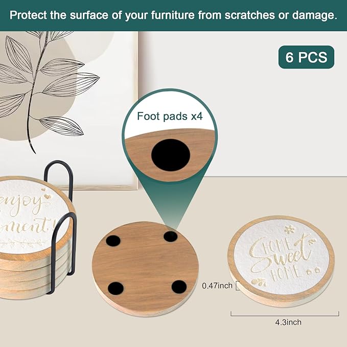 Wood Coasters for Drinks Housewarming Gifts for Home Decoration Absorbent Coasters with Holder for Coffee Tabletop Protection 4.3 Inch White
