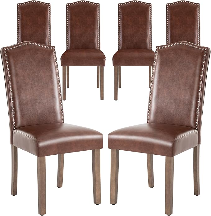 Stylish Upholstered Parsons Dining Chair PU Faux Leather with Silver Nailhead Trim and Sturdy Solid Wood Legs