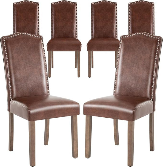 Stylish Upholstered Parsons Dining Chair PU Faux Leather with Silver Nailhead Trim and Sturdy Solid Wood Legs