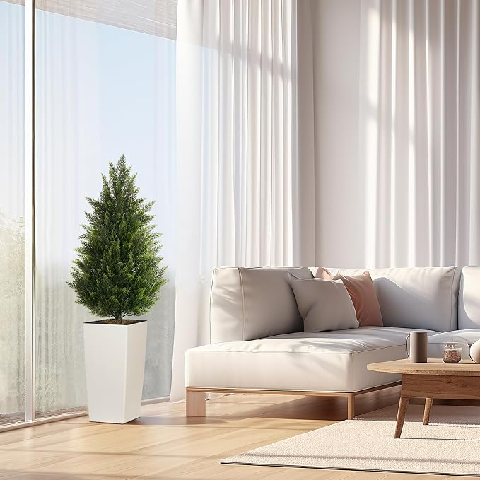 4FT Tall 2 Set Artificial Topiary Cedar Tree, Indoor Realistic Faux Cypress Plants with Square Flowerpot, Outdoor Evergreen Fake Shrubs for Home Living Room Front Porch Decor