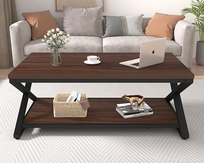 HSH Walnut 2 Tier Storage Coffee Table, Modern Rectangle Center Table for Living Room, Industrial Minimalist Wooden Metal Cocktail Tea Table, Home Office Rustic Simple Display Coffee Table, 39 Inch