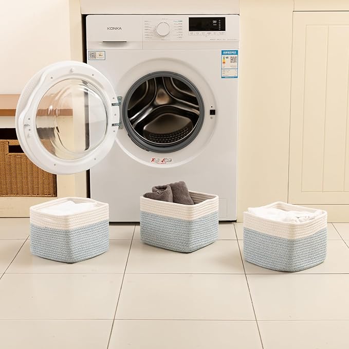 OIAHOMY 9”x9”x7” Storage Cubes, Cotton Rope Woven Baskets for Organizing, Cube Storage Bin, Small Gift Basket for Shelf, 3-Pack, Blue&White