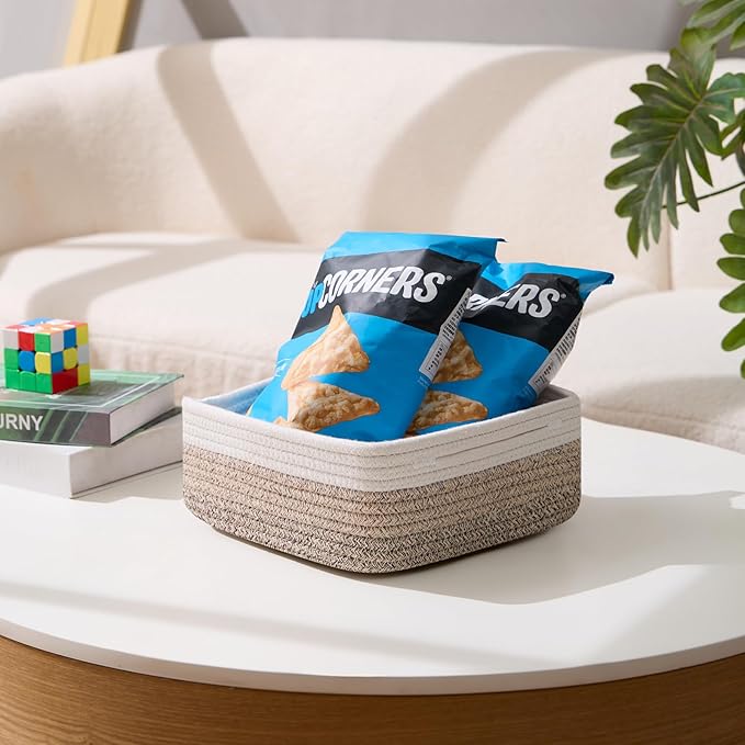 Small Square Shallow Baskets for Organizing, 9.7x9.7x4.3 Inch Rope Woven Storage Bins for Cubes Closet, Shelves Storage, Boho Decorative Basket, 2 Packs Gradient Brown