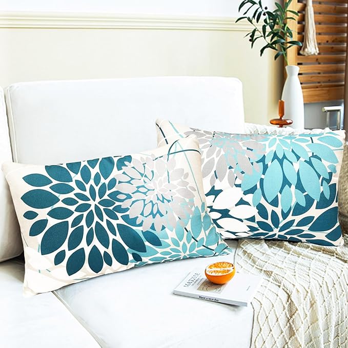 Teal Blue Decorative Throw Pillow Covers 12x20 Inch Pillow Covers for Couch Living Room Bedroom Outdoor.Modern Sofa Throw Pillow Cover.Farmhouse Geometric Floral Linen Square Pillow Case.Set of 2