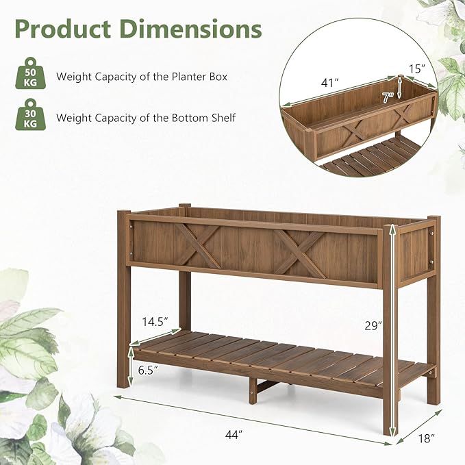 Giantex HIPS Raised Garden Bed, Elevated Planter Box w/Legs, Storage Shelf, Drainage Holes, Weather-Proof Standing Raised Beds for Backyard Porch Flower Herb (Coffee, 44" x 18" x 29")