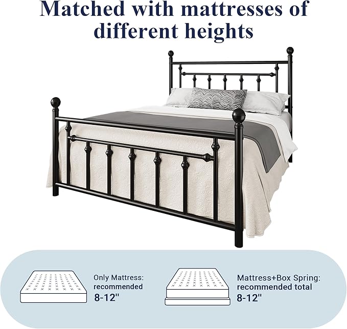 Allewie 14 Inch Full Size Metal Platform Bed Frame with Victorian Vintage Headboard and Footboard/Mattress Foundation/Under Bed Storage/No Box Spring Needed/Easy Assembly/Noise Free/Black