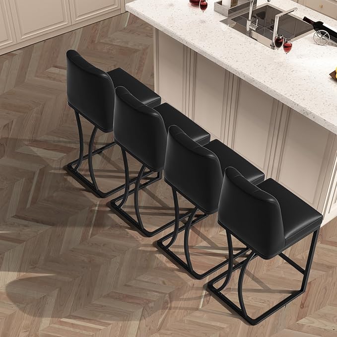 Black Counter Height Bar Stools Set of 4, 24 inch Counter Stools Pu Leather Modern Bar Chairs with Back for Kitchen Island