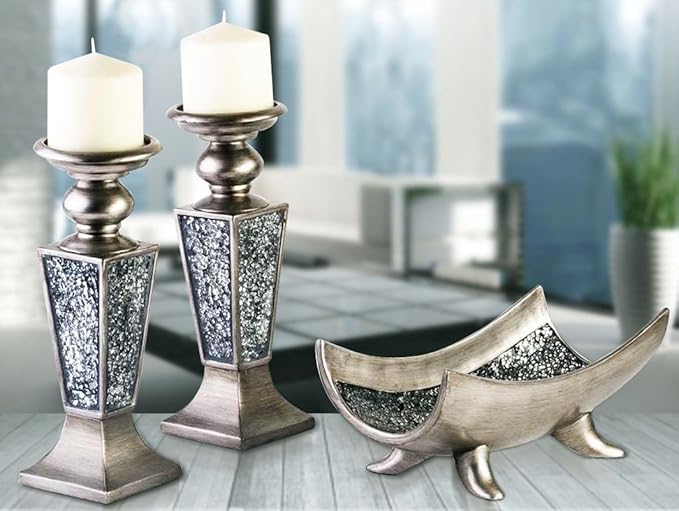 Creative Scents Schonwerk Silver Pillar Candle Holder Set of 2 - Crackled Mosaic Design - Centerpiece Table Decoration - Coffee Table Decor - Decoration Centerpiece for Living/Dining Room - Best Gift