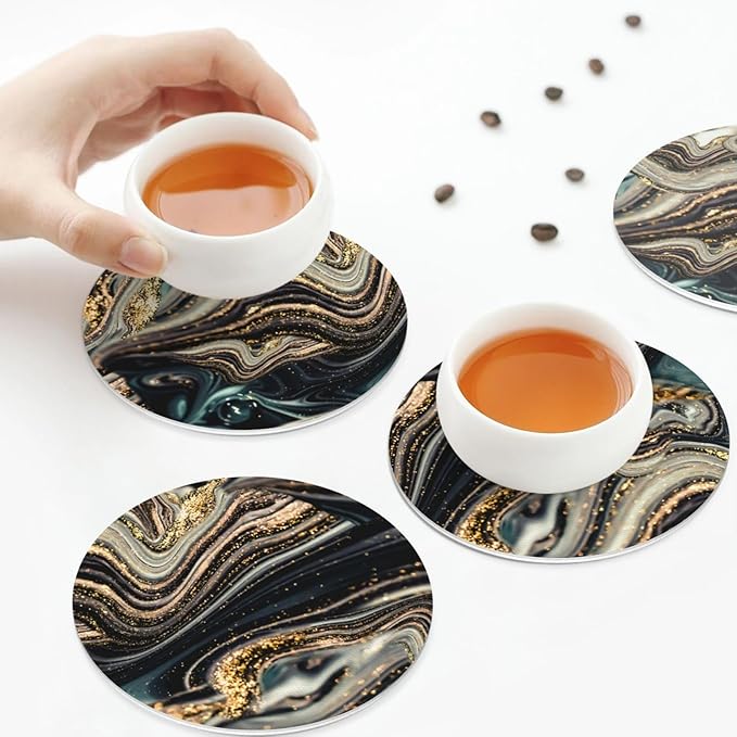 Black Gold Marble Style Coasters Set of 6 Coasters for Drinks Absorbent Double-Sided Leather PVC Coaster for Tabletop Protection Coffee Table Decor Ideal for Home Decor House Warming Gifts