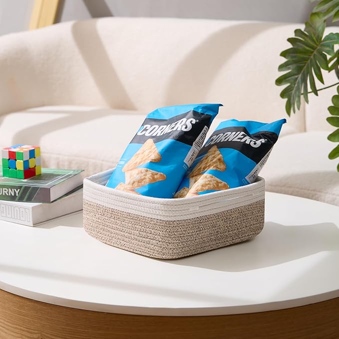 Small Square Shallow Baskets for Organizing, 9.7x9.7x4.3 Inch Rope Woven Storage Bins for Cubes Closet, Shelves Storage, Boho Decorative Basket, 2 Packs Off White Brown