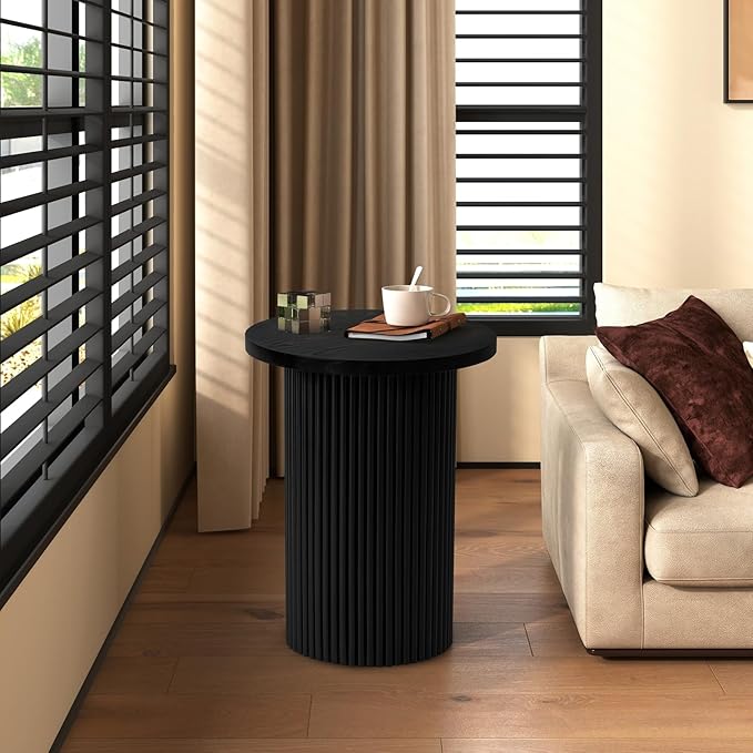 Modern Side Table, 16.93" Fluted Round Pedestal Table for Living Room, Bedroom, Entryway, Sofa, Chair – Black Accent Table with Solid Wood Strips End Table, Fully Assembled Drum Table