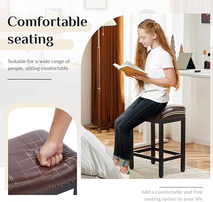 Sweetcrispy Bar Stools Set of 4, 24 Inch Counter Height Stools, PU Leather Upholstered Bar Chairs with Footrest, Modern Bar Stools for Kitchen Island, Dining, Living Room, Modern Brown
