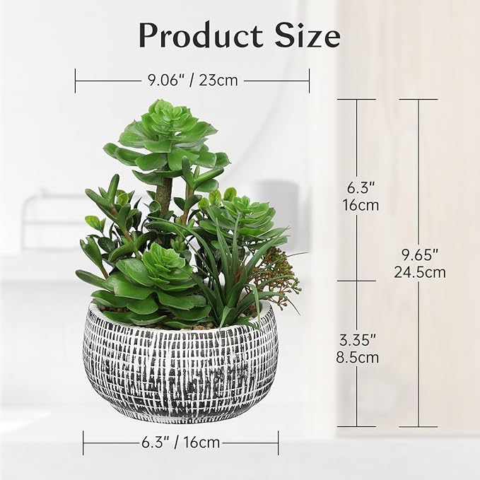 10” Large Succulents Plants Artificial in Ceramic Pots Potted Faux Succulent Arrangement with Black Bowl Pots Fake Desk Succulents Plants for Home Bathroom Shelf Table Indoor Decor
