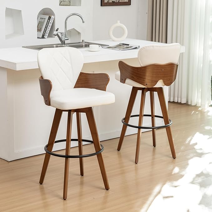 26.7” Swivel Bar Stools Set of 2,White Faux Leather Counter Height Stools with Armrest and Fishtail-Shaped Back,Mid Century Modern Barstools,Walnut Bar Chair for Kitchen Island or Home Bar