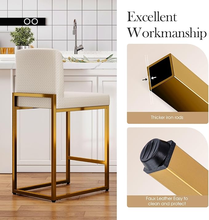 Sophia & William White & Gold Bar Stools, Counter Height Bar Stools with Backs, Modern PU Leather Bar Chairs, 24 Inch