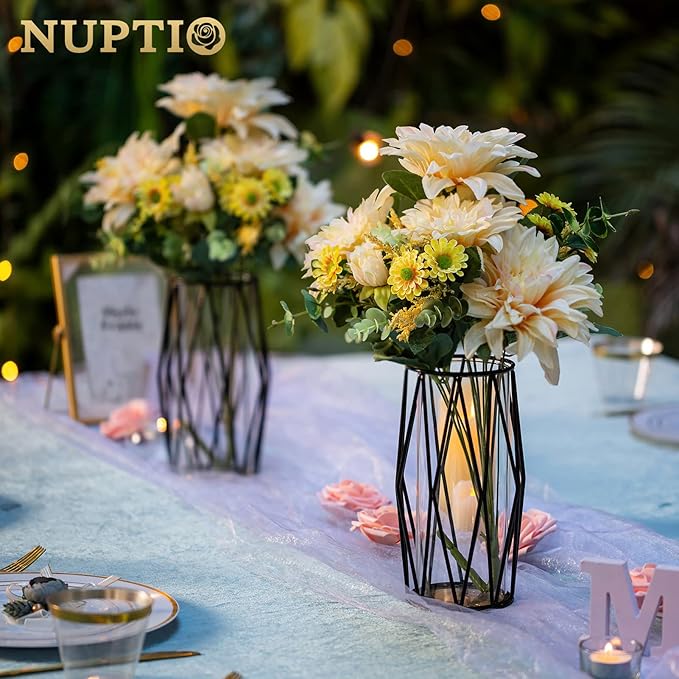 Nuptio Glass Candle Holder for Pillar Candles Black Pillar Candle Holders Geometric Metal Candle Stand Small Hurricane Candleholder Flower Vase for Office Dining Living Room Bar Cafe