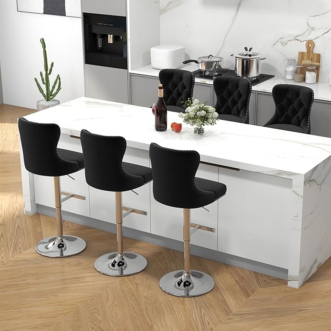 Bar Stools Set of 6, Velvet Swivel Counter Height Stools with Tufted Back, Adjustable Seat with Nailheads Trim, Upholstered Bar Chairs with Steel Base for Kitchen Island, Pub, Black