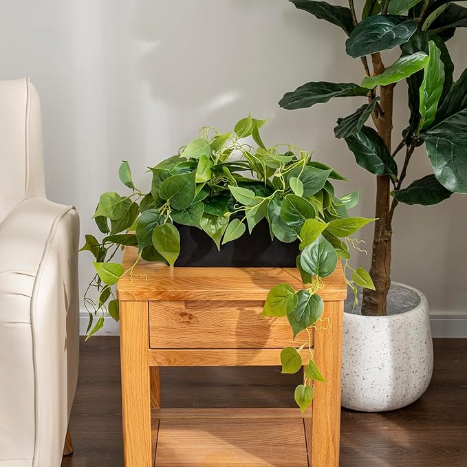 MyGift Vibrant Lifelike Artificial Plant Pothos Leafy Vine Greenery in Black Concrete Rectangular Planter Box