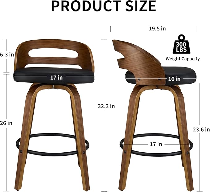 Swivel Bar Stools Set of 2, 26 Inch Counter Height Chairs with Walnut Wood Frame and Black Leather, Low Back, Footrest & Easy-Clean Design for Kitchen, Bar, or Dining Area
