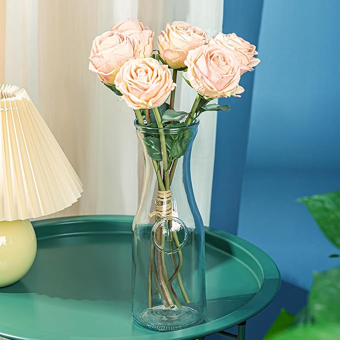 Glass Carafe Pitchers with Bamboo Lids, 4 pcs 1 Liter Beverage Serveware Pitcher Carafe Set for Mimosa Bar, Juice Container for Brunch, Cold Water, Juice -With 4 Wooden Chalkboard Tags