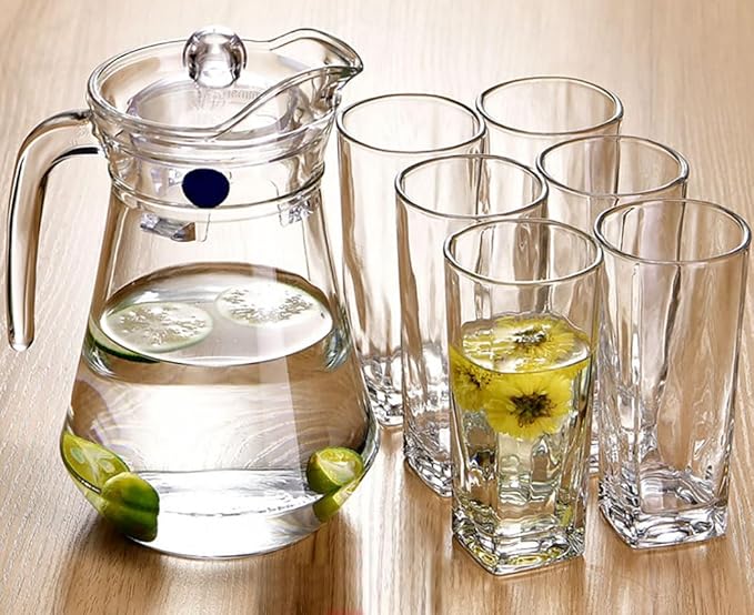7-Pcs/Set Glass Pitcher with 6 Glasses Tumbler Cups Lid Water Carafe Jug with Spout Handle for Hot/Cold Water Tea Beverage