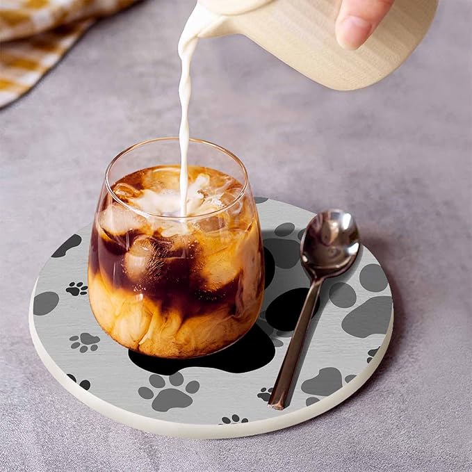 Black and Gray Paws Coaster for Drinks Individual Silhouette Cartoon Animal Dog Cat Paw Print Cute Puppy Kitten Feet Presents for Housewarming Birthday and Family 100% Diatomite 4''X 4'',2 Pack