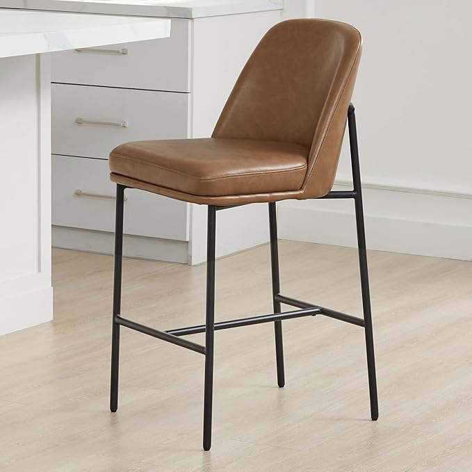CHITA Counter Height Bar Stools Set of 2, FSC Certified Metal Barstools for Kitchen Island, 27" H Seat Height, Faux Leather, Saddle Brown