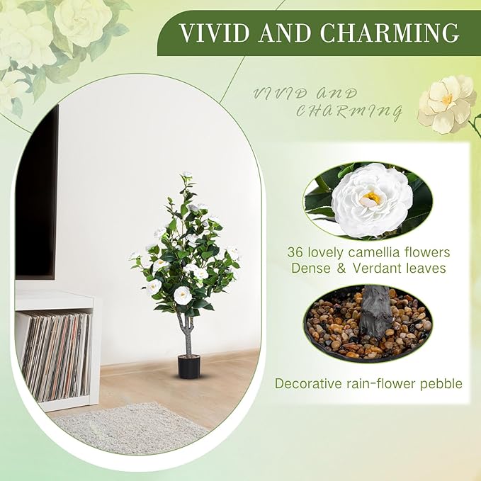 Jexine 2 Pack 40" Artificial Tree with Camellia, Fake Tree with 36 Blooming Flowers, Flower Plants Tree Faux Floral Plant Tree in Cement Pot for Indoor Outdoor Office Home Porch Decor (White,40")