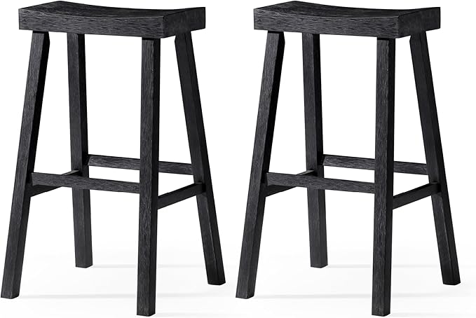 Maven Lane Kitchen Bar Stool, Modern Farmhouse Wood Barstool, Kitchen Island Chairs, Pub Bar Height Stools for Kitchen, Wide Comfortable Seat Backless Bar Stools, Vincent 31", Antiqued Black, Set of 2