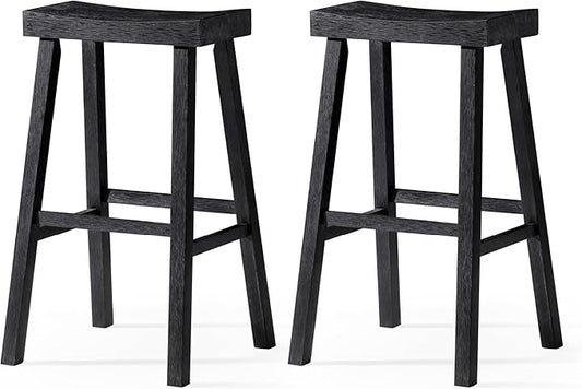 Maven Lane Kitchen Bar Stool, Modern Farmhouse Wood Barstool, Kitchen Island Chairs, Pub Bar Height Stools for Kitchen, Wide Comfortable Seat Backless Bar Stools, Vincent 31", Antiqued Black, Set of 2