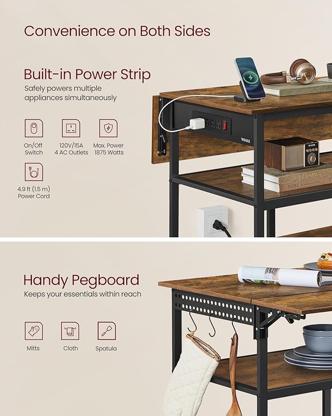 VASAGLE Kitchen Island with Drop Leaf, 47.2" Width Rolling Kitchen Cart with Power Strip, Extendable Worktop, Workbench,Pegboard, Adjustable Shelf, Rustic Brown and Ink Black UKKI013K01