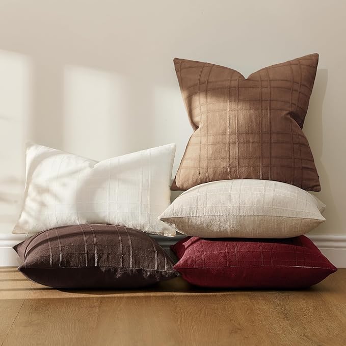 MIULEE Christmas Decorative Linen Check Throw Pillow Covers Neutral Farmhouse Vintage Pillow Covers 18x18 Set of 2 Boho Modern Home Decor for Sofa Couch Bedroom Cushion Burgundy