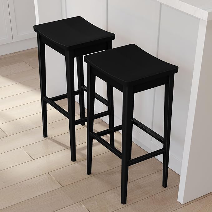 Plank+Beam Smythe Bar Stool, 30", Set of 2, Sturdy Wood Modern Kitchen Bar Height Stool, Saddle Seat Backless Counter Chair, Metal Footrest, Black