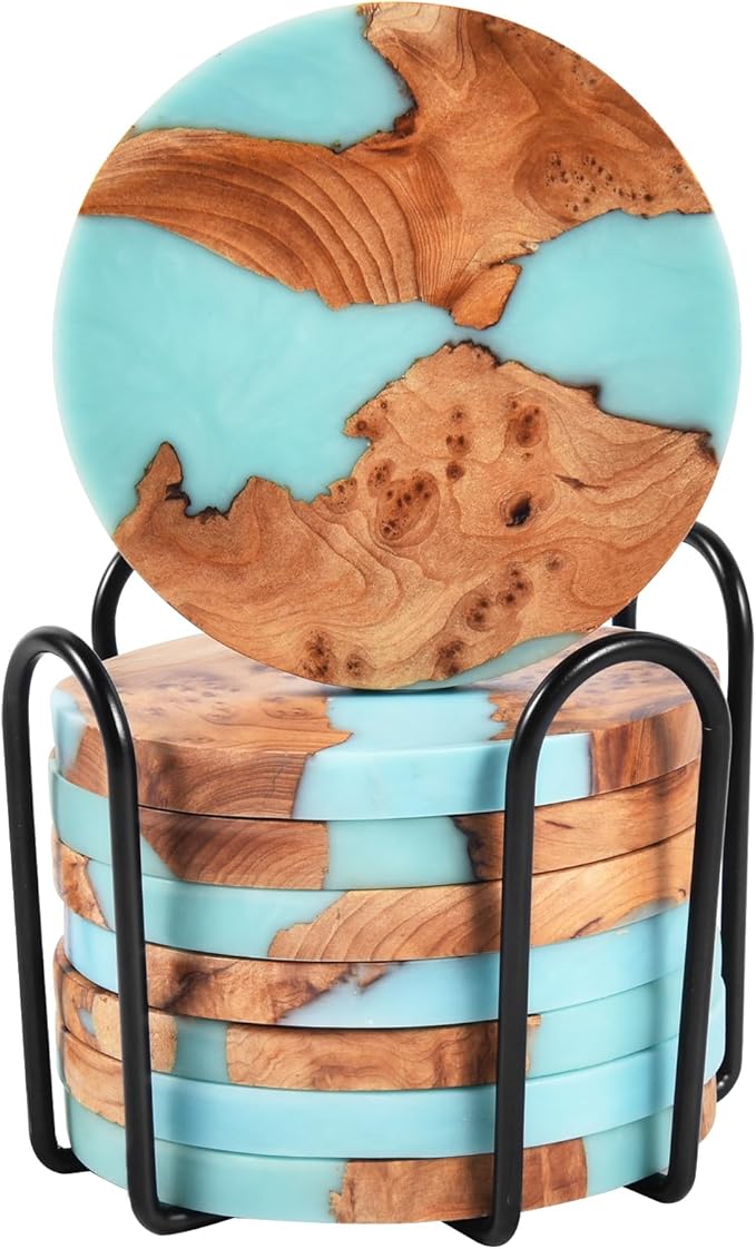 Drink Coaster Set, Wooden Absorbent Coasters, Epoxy Resin Coaster for Coffee Table, Tabletop Protection Decor, Modern Coasters Set of 8 with Holder