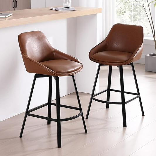 Zesthouse Swivel Counter Height Stools Set of 2, Modern Upholstered Barstools with Backs, 26'' Faux Leather High Chairs for Island Kitchen, Counter Height Chairs with Metal Legs, Brown