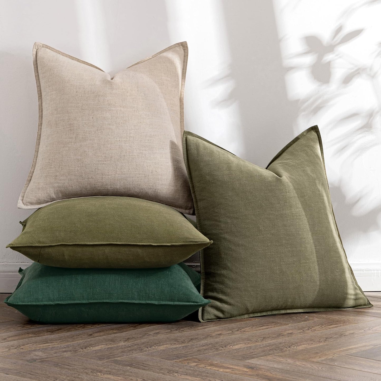 MIULEE Neutral Green Linen Pillow Covers Pack of 4 Christmas Decorative Nautral Throw Pillow Covers Soft Accent Boho Farmhouse Couch Pillowcases Modern Home Decors for Living Room Bed Sofa 24x24 Inch