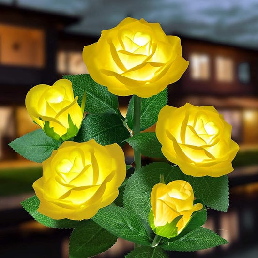 Solar Flower Lights Outdoor - Upgraded New Material Two Modes Realistic LED Solar Powered Waterproof with 5 Roses, Solar Decorative Stake Lights for Garden (Yellow, 1 Pack)