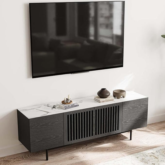 POVISON Fully-Assembled Mid Century Modern Sintered Stone TV Stand, Slatted Media Console TV Cabinet with Tall-cast Metal Legs, Fluted Entertainment Center with Storage (Black, 62.99")