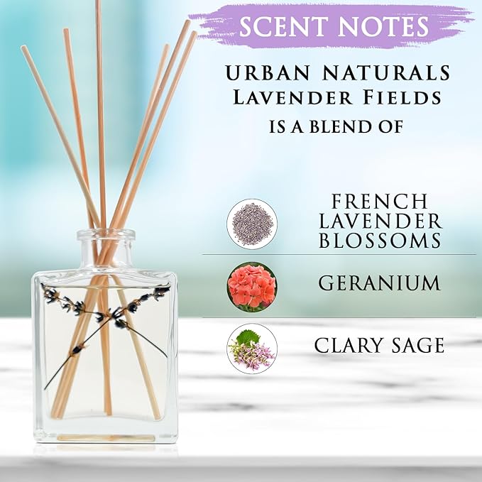 Urban Naturals Lavender Fields Oil Essential Oil Reed Diffuser Set with Real Lavender! French Blossoms, Geranium & Clary Sage – Sleek Rectangular Refillable Glass Bottle – Made in The USA