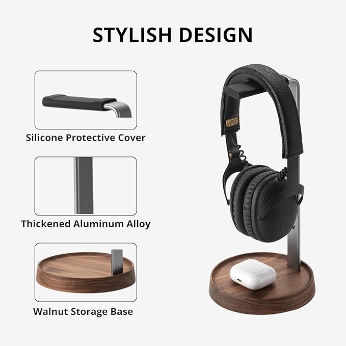 muso wood Walnut Headphone Stand, Universal Headset Stand with Storage Base, Wood Desktop Headphone Holder for Gaming Headset and Music Headset