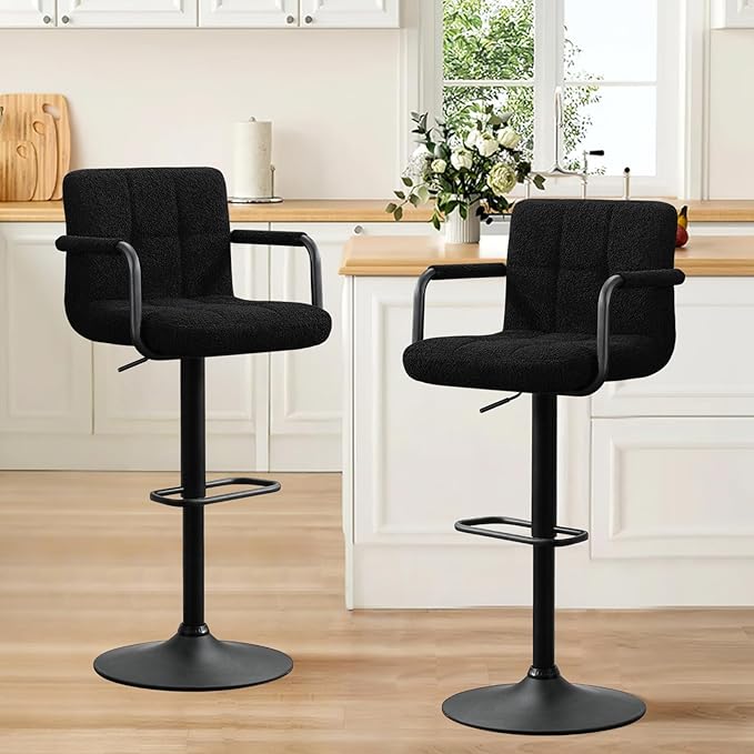 Furniliving Adjustable Bar Stools with Armrest, Square Back Sherpa Fabric Hydraulic Kitchen Counter Bar Stool, Luxurious Swivel Double Stitching Bar Chairs,Set of 2