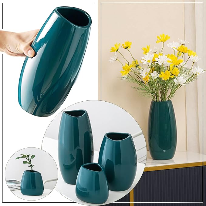 hjn Ceramic Vase Set of 3 Teal Flower Vase for Home Decor, Modern Decorative Vase for Flowers Vases for Your Ideal Shelf Decor/Table/Living Room/Kitchen/Office-Teal