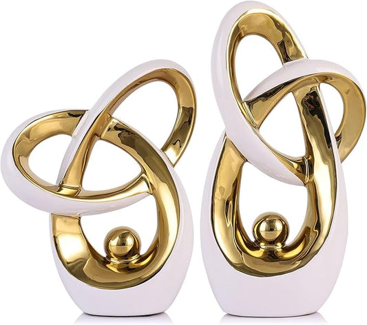 White Gold Modern Abstract Art Home Decor Accent,Statues Coffee Table Decor for Living Room,Table Centerpieces for Dining Room,Ceramic Sculptures and Gold Knick Knacks for TV Stand Decor