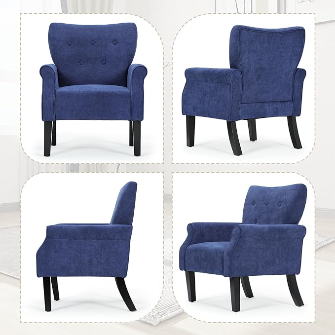 Athena Collection Mid Century Modern Chair for Living Room, Upholstered Wingback Reading Chair for Adults, Comfy Linen Fabric Armchair with Wooden Legs for Bedroom, Dorm, Balcony, Blue