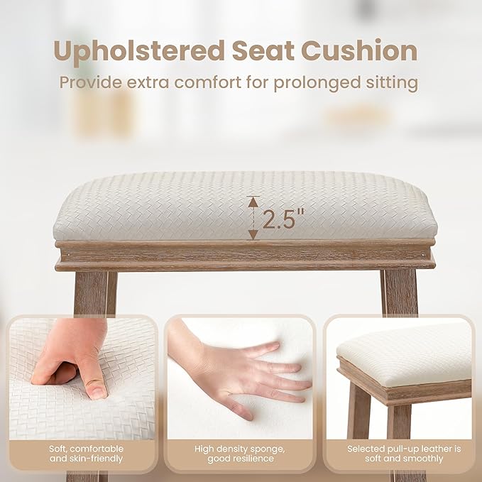 PHI VILLA Bar Stools - Solid Wood Legs Counter Height Barstools with Upholstered Saddle Seat, 24 inch Kitchen Counter Island Stools