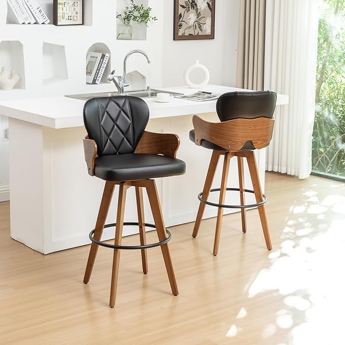 26.7” Swivel Bar Stools Set of 3,Black Faux Leather Counter Height Stools with Armrest and Fishtail-Shaped Back,Mid Century Modern Barstools,Walnut Bar Chair for Kitchen Island or Home Bar