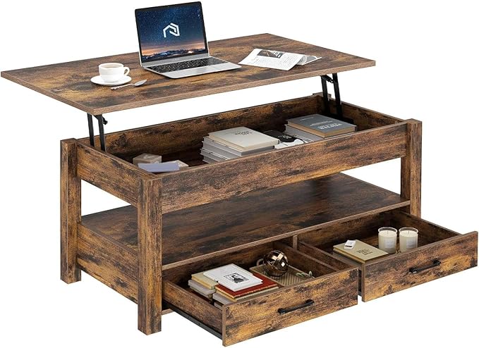 Rolanstar Coffee Table, 47.2" Lift Top Coffee Table with Drawers and Hidden Compartment, Retro Central Table with Wooden Lift Tabletop, for Living Room, Rustic Brown