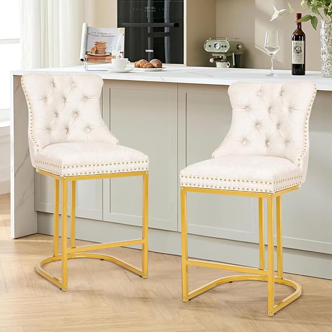 Counter Height Bar Stools Set of 2, 24" Modern Barstools with Back, Frbric Upholstery Counter Chairs with Metal Legs for Kitchen Island, Bar, Counter, White