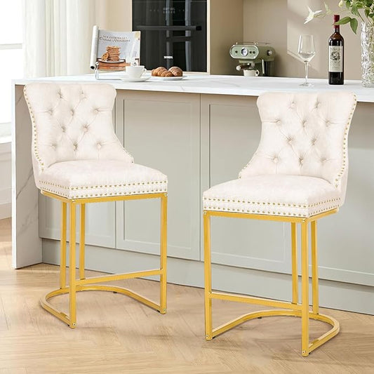 Counter Height Bar Stools Set of 2, 24" Modern Barstools with Back, Frbric Upholstery Counter Chairs with Metal Legs for Kitchen Island, Bar, Counter, White