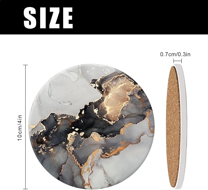 Ceramic Drink Coasters Set of 4 with Holder Round Water Absorbent Grey Gold Fashion Marble Coasters Tabletop Protection (Cork Base),Suitable for Various Mugs,Home Decor,4 Inch